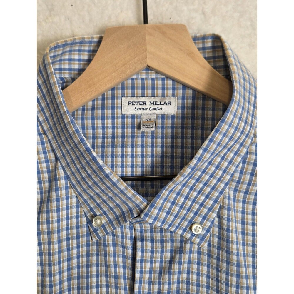 Peter Millar Shirt Mens 3X Blue Tan Check Summer Comfort Stretch Button Down